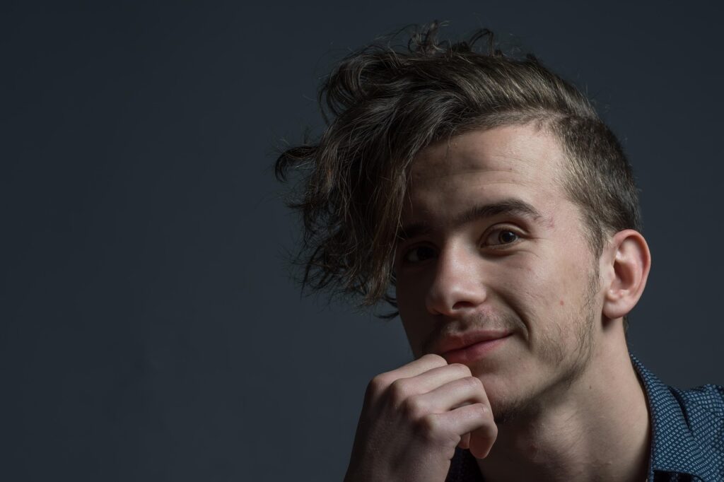 fashion, boy, model, young, male, portrait, man, people, handsome, face, person, cute, attractive, hair, lifestyle, happy, romantic, modern, posing, fashionable, studio, smile, blue happy, blue fashion, blue model, blue smile, blue portrait, blue hair, blue happiness